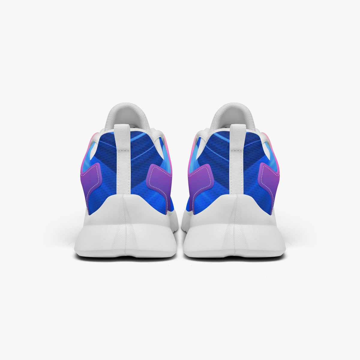 A pair of white and blue sneakers with a patterned design.