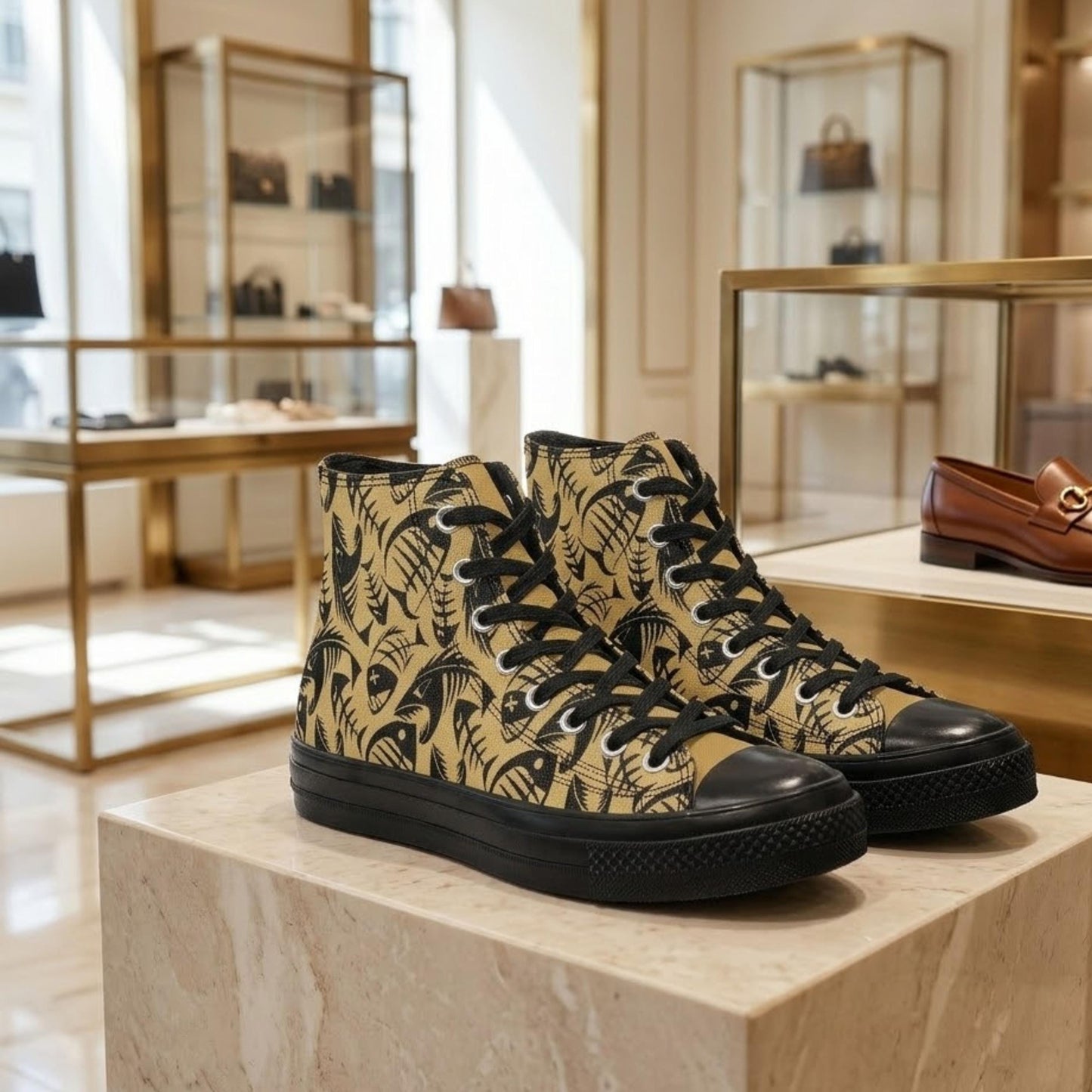 A pair of high-top sneakers with a fish print pattern on the side, displayed on a pedestal in a store.