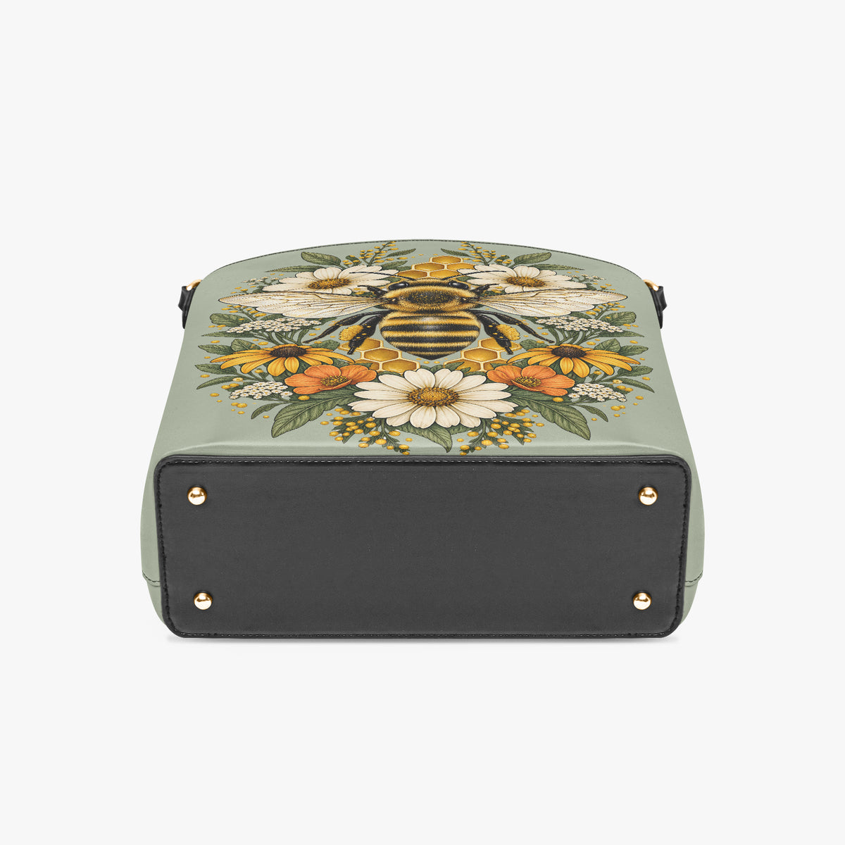 Vue de face du sac porté épaule abeille avec bandoulières sur fond blanc