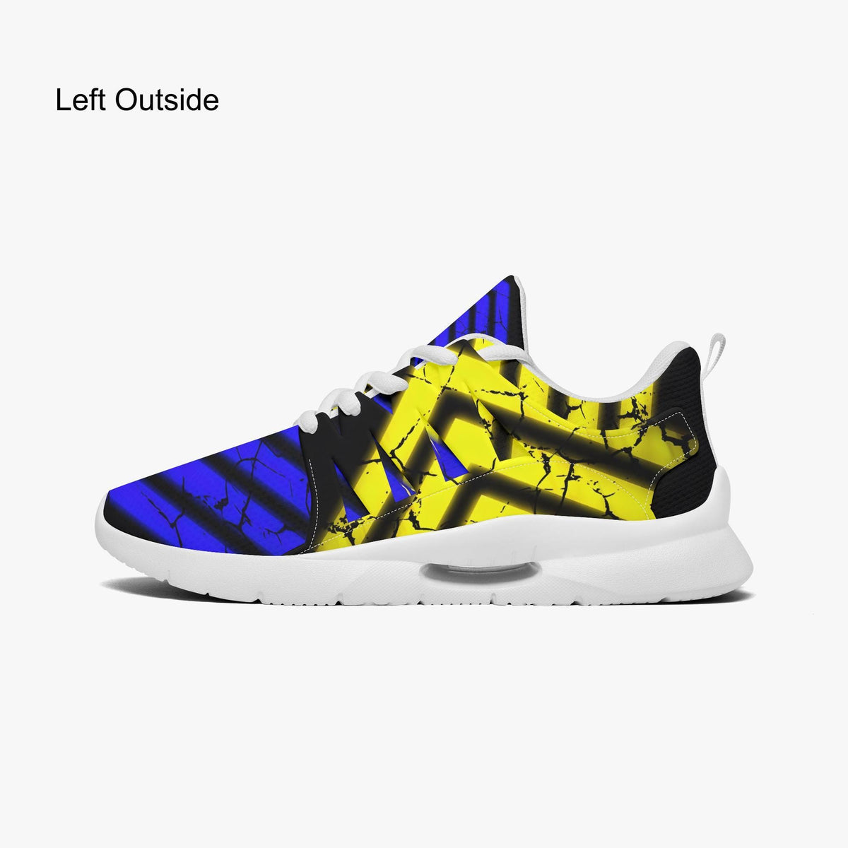 A colorful and patterned sneaker with a bold design of blue, yellow, and black colors.