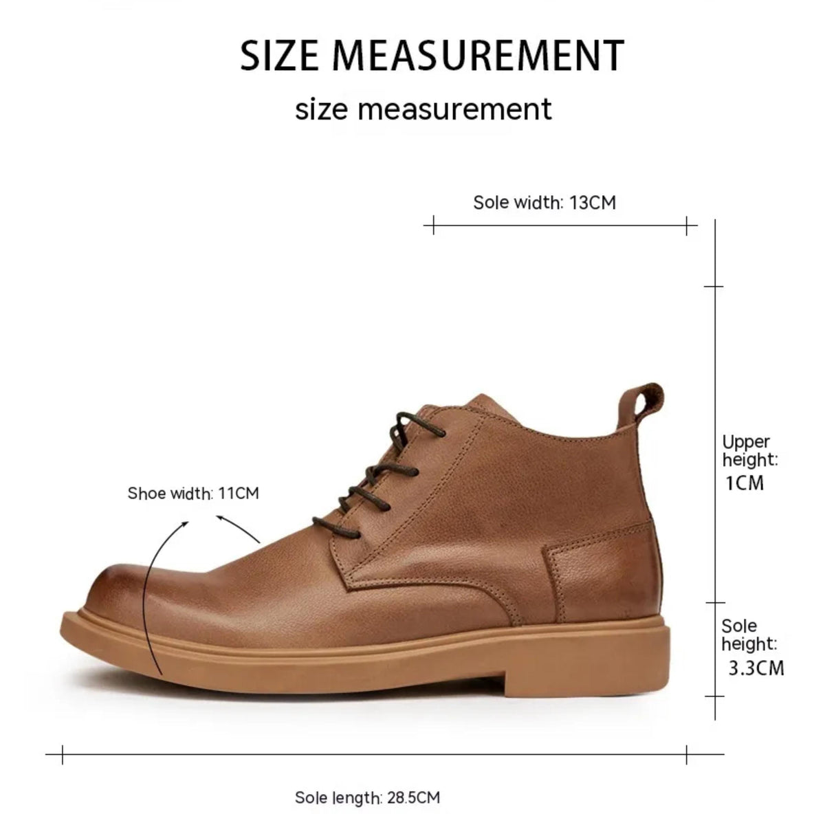 a brown leather shoe with measurements and a diagram, providing specific details about the shoe's size and dimensions.