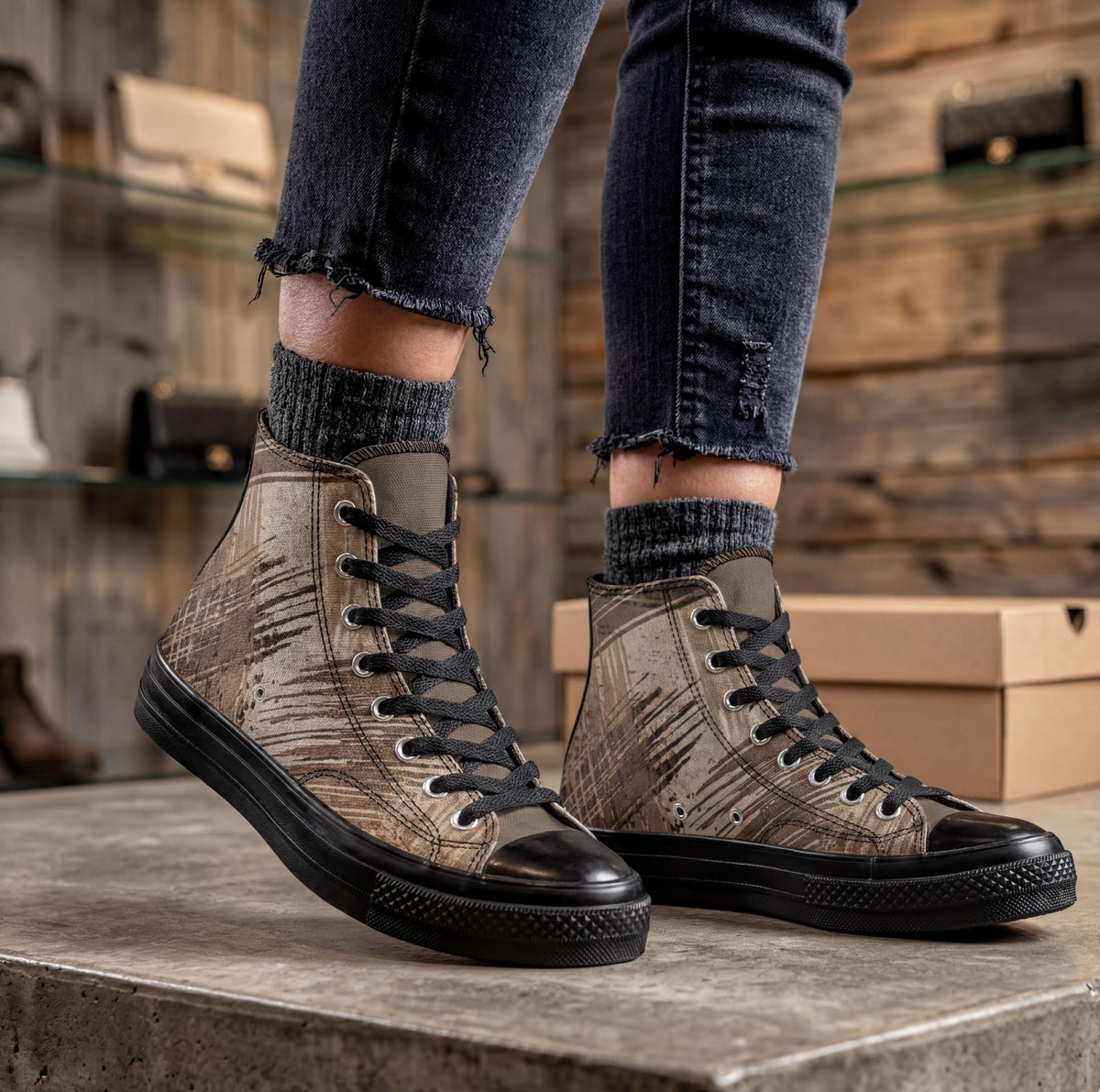 A person wearing black jeans and brown and black patterned sneakers stands on a concrete surface.