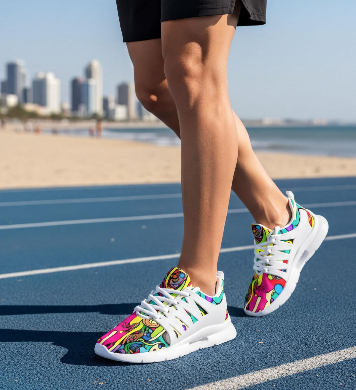 A person wearing colorful sneakers is standing on a blue running track, with a city skyline visible in the background.