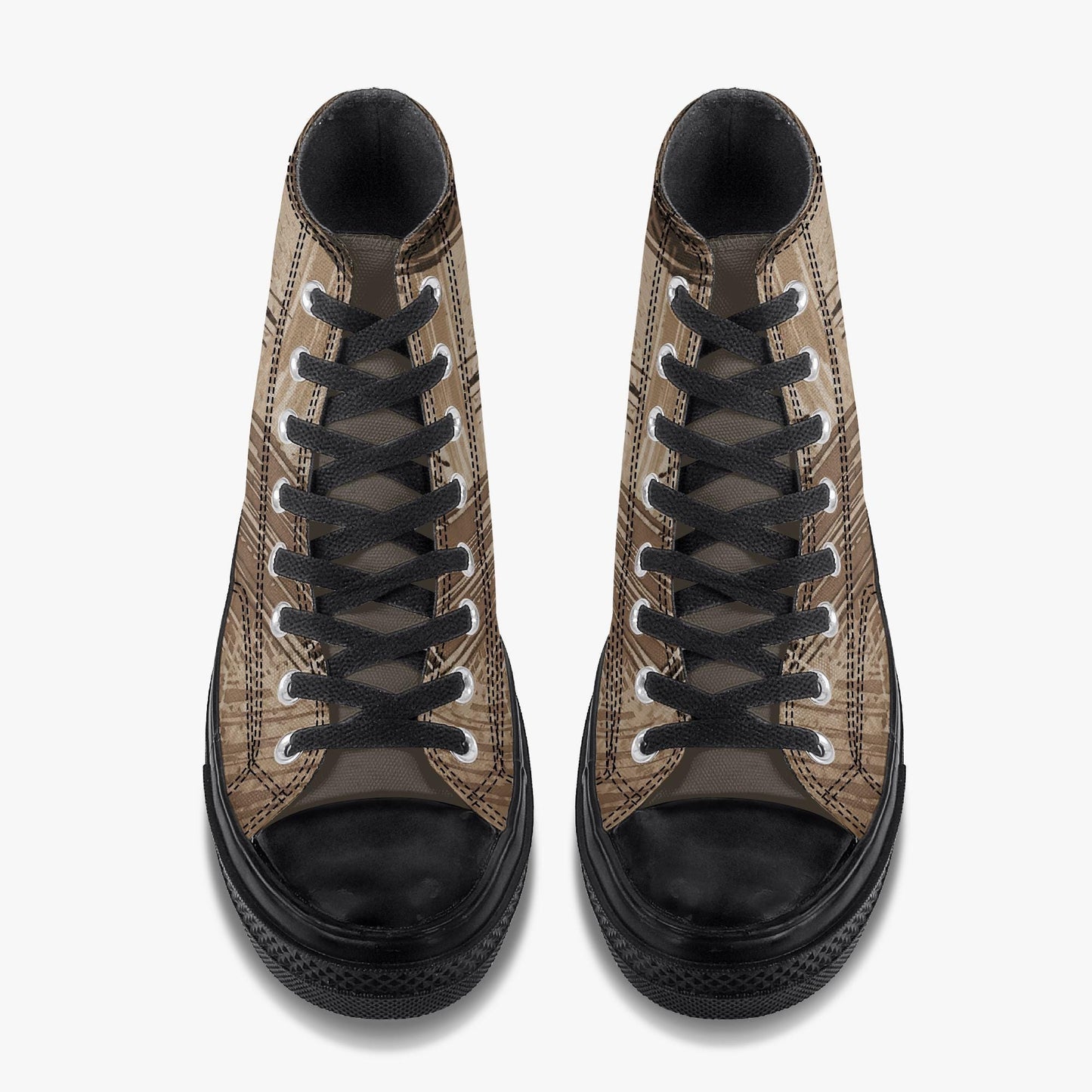 A pair of brown and black high-top sneakers with black laces and soles.