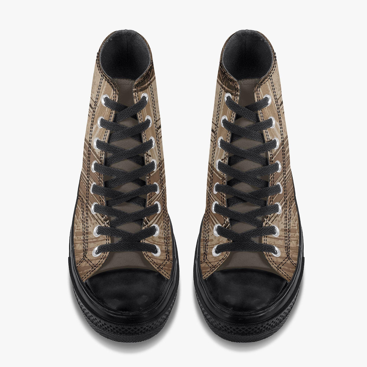 A pair of brown and black high-top sneakers with black laces and soles.