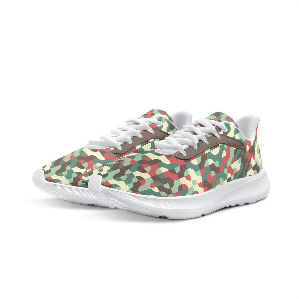 A pair of colorful, camouflage-patterned sneakers with white soles.