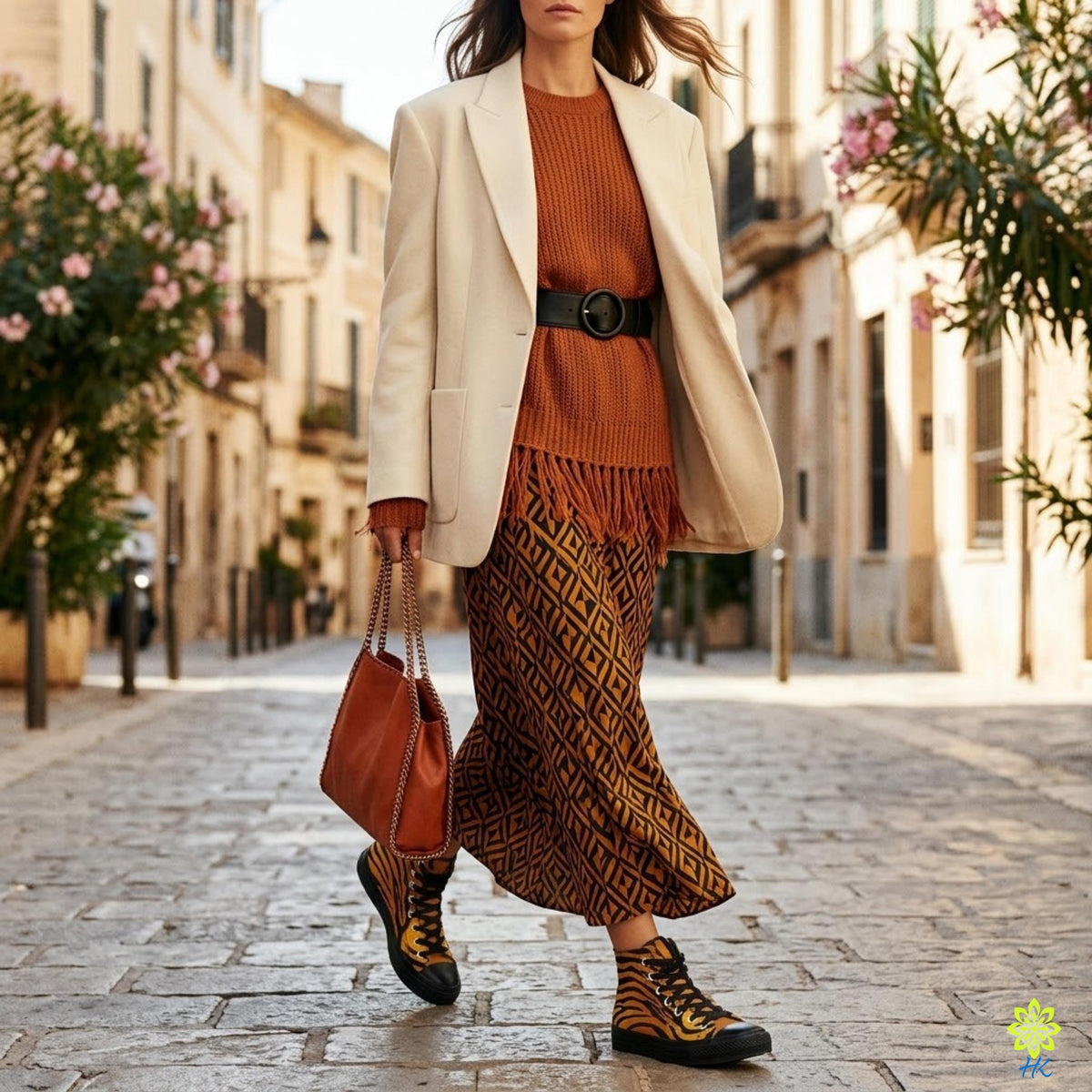 A woman wearing a white blazer, brown skirt, and black and yellow sneakers walks down a cobblestone street, carrying a brown purse.