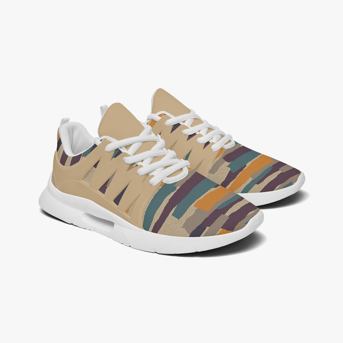 A pair of colorful sneakers with a striped pattern on the upper part.