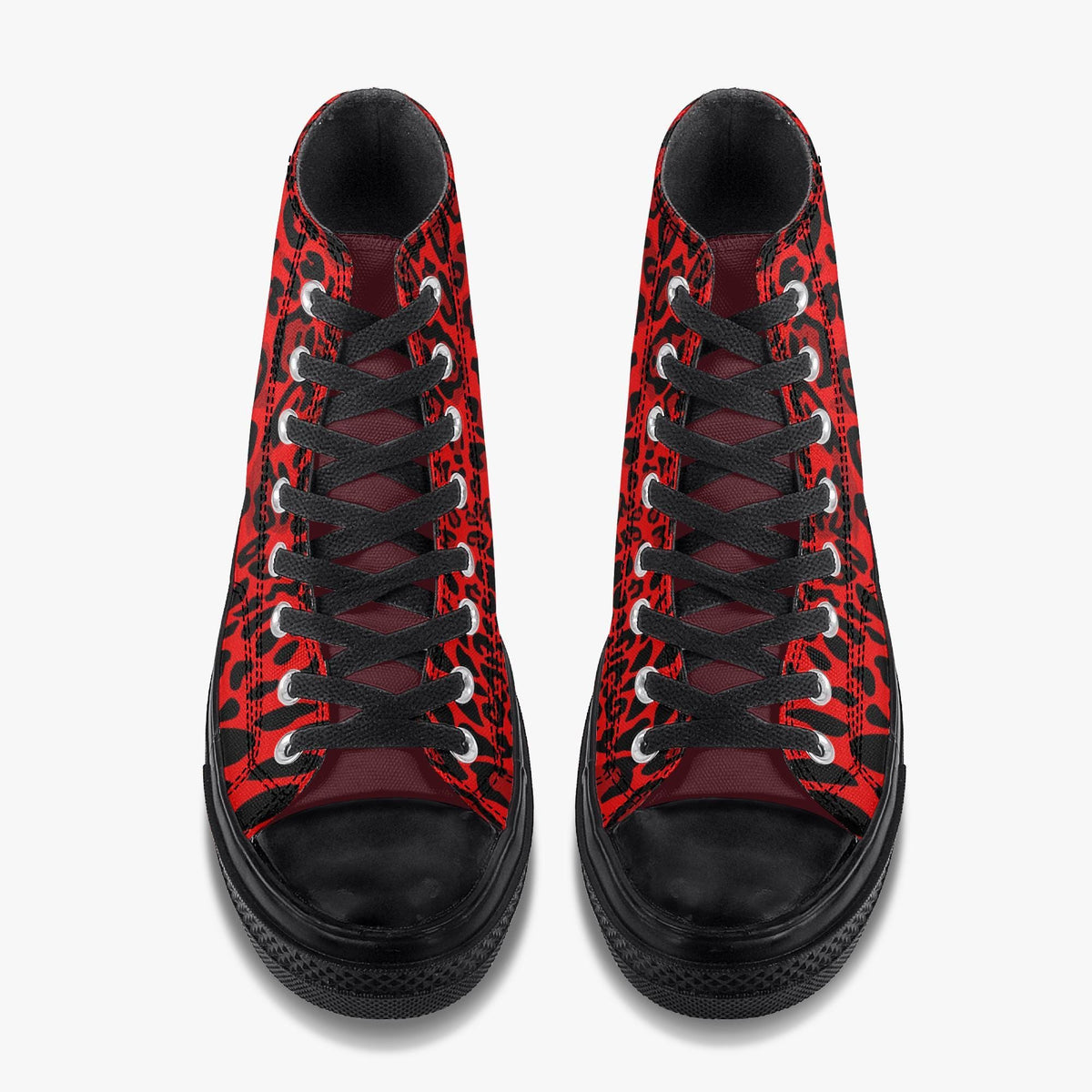 A pair of red and black high-top sneakers with a leopard print pattern.