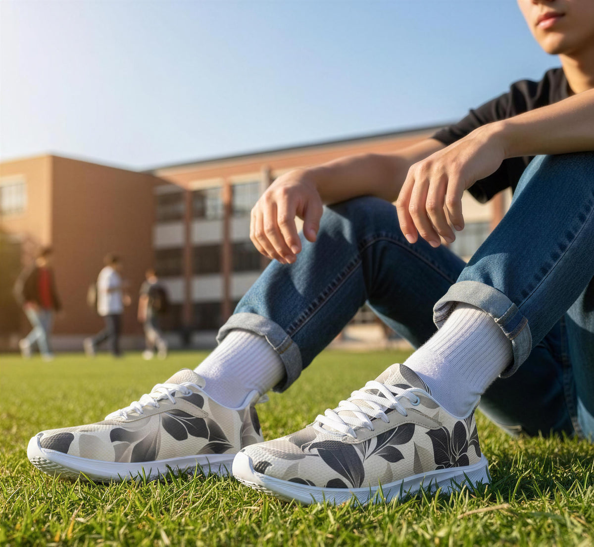 A person sitting on the grass wearing white sneakers with a floral pattern.