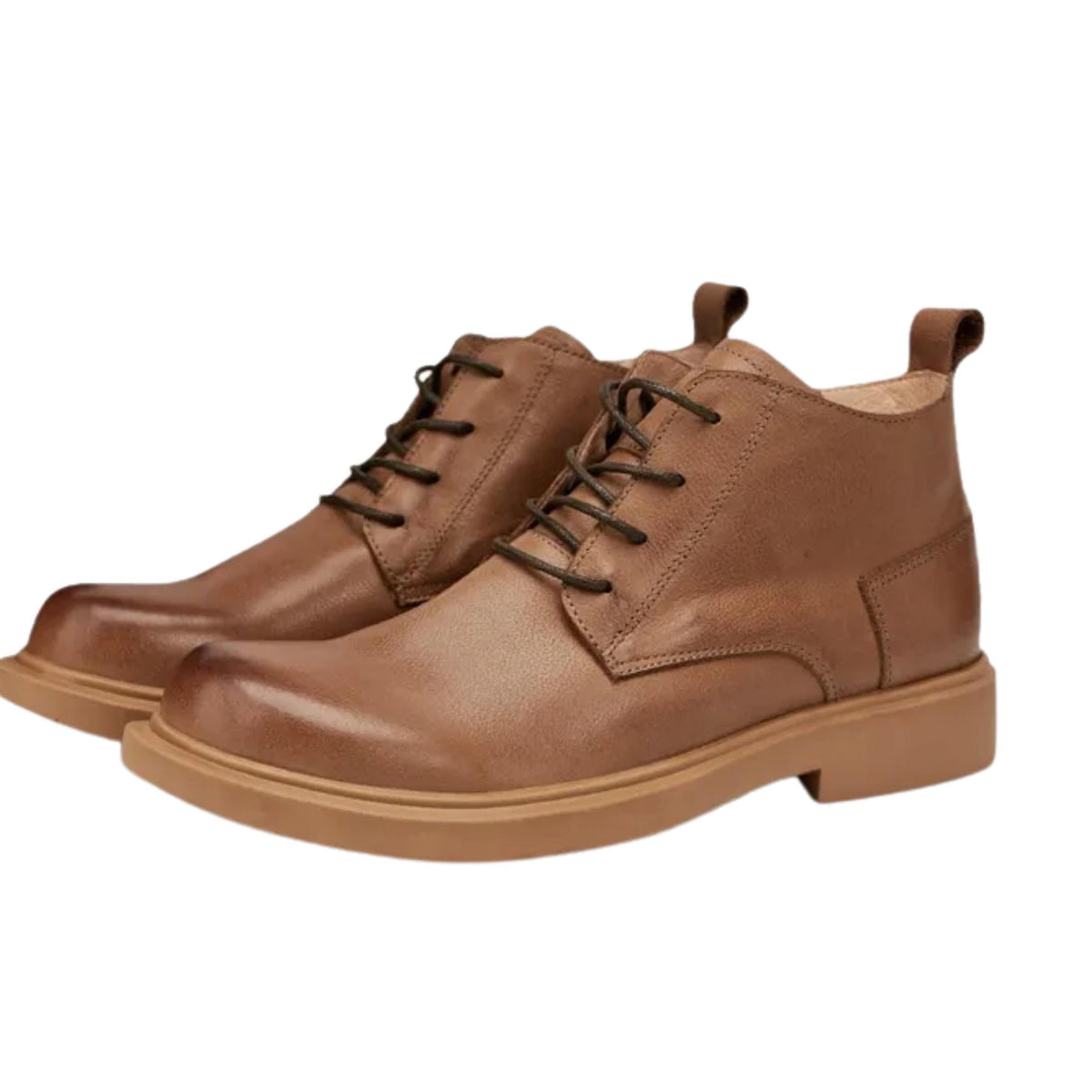 A pair of brown leather boots with a lace-up design and a low, chunky sole.