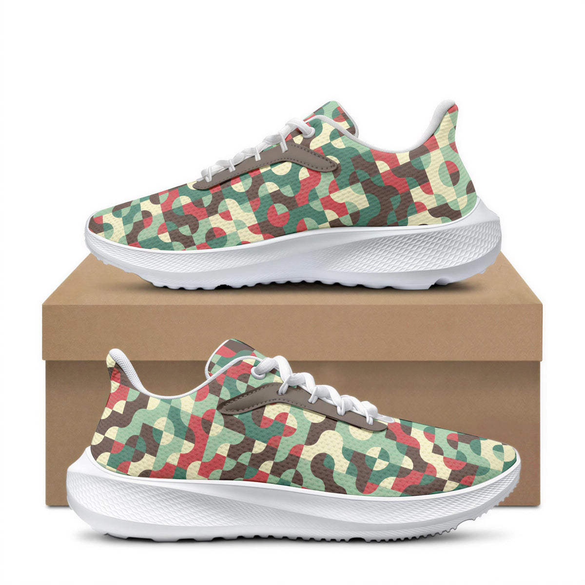 A pair of camouflage-patterned running shoes is displayed on top of a cardboard box.