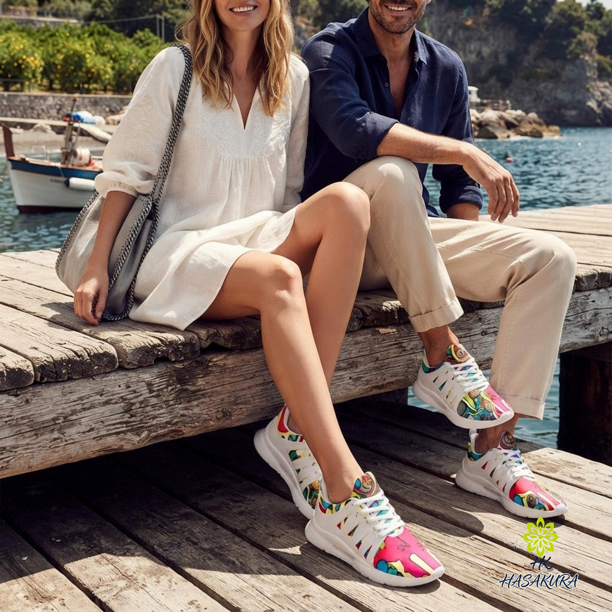 A woman and a man sitting on a wooden dock, smiling and enjoying the view.