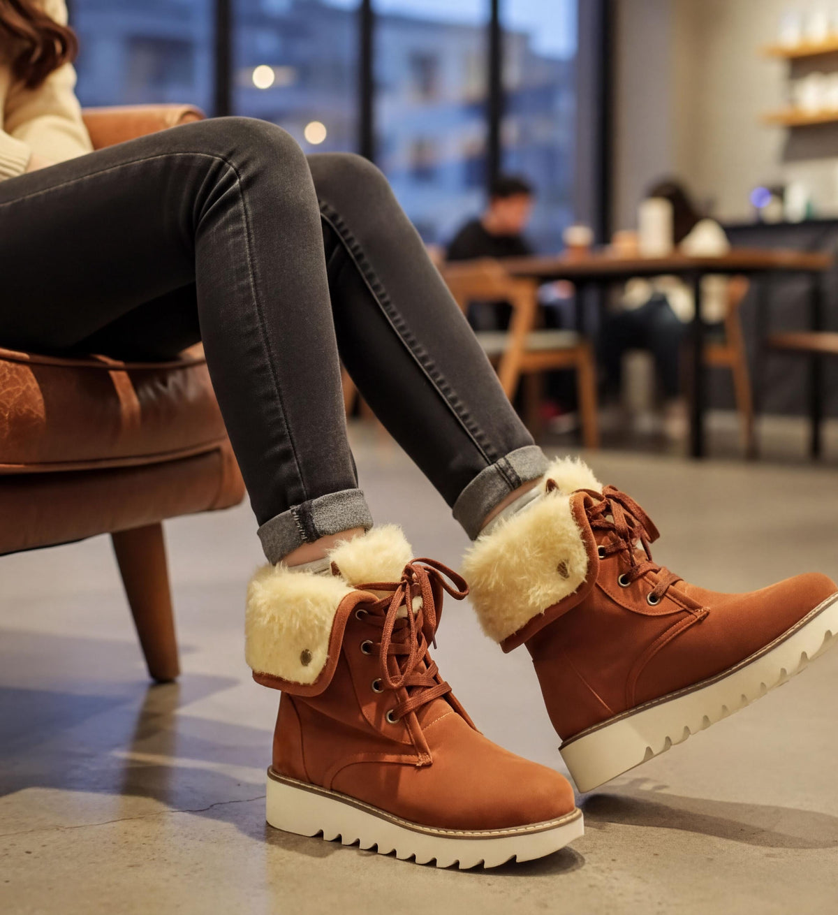 A person wearing black jeans and brown boots is sitting on a brown leather chair in a room with a window and other furniture.