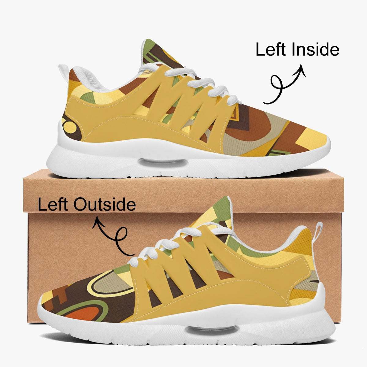 a pair of yellow and brown patterned sneakers, with a cardboard box underneath them.