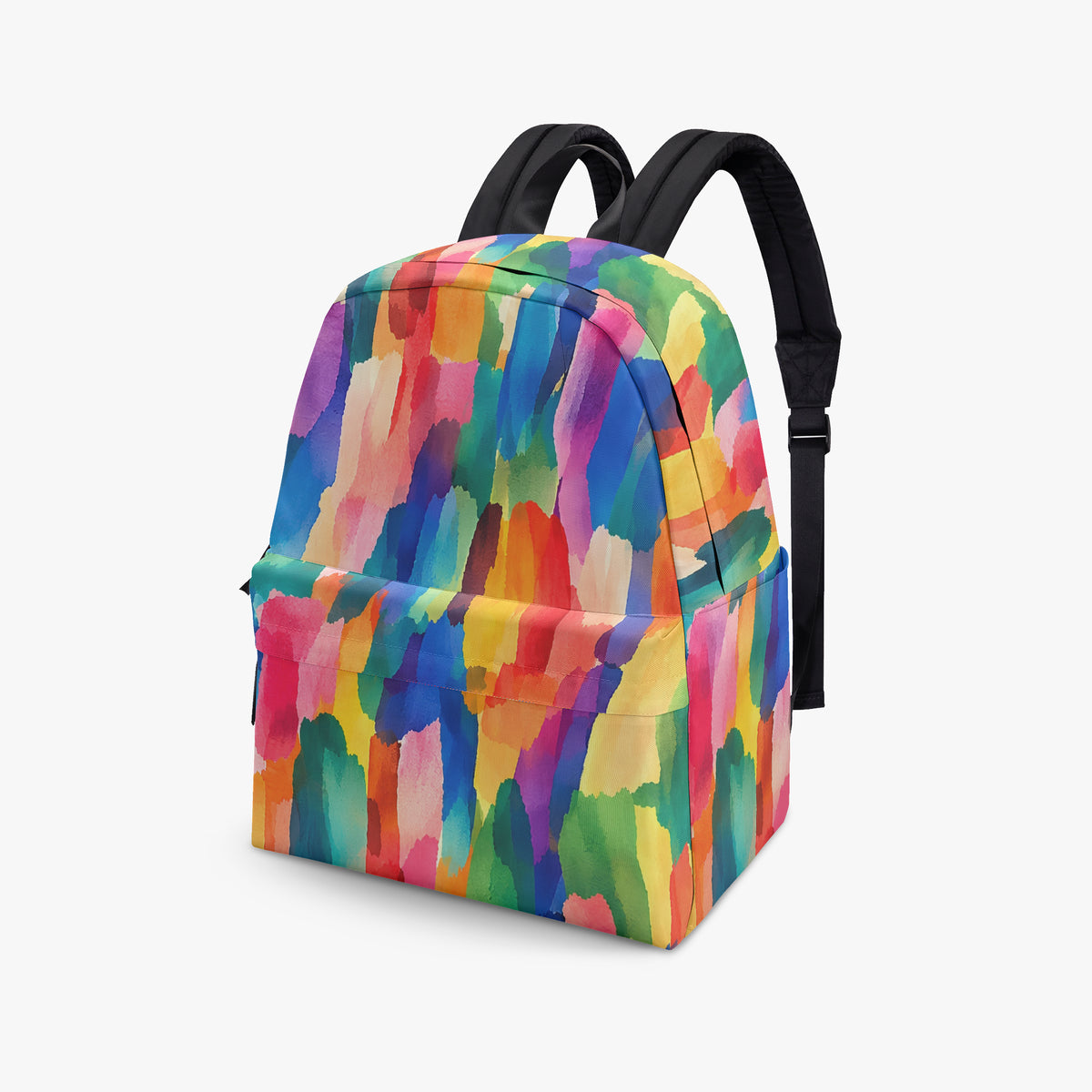 Angled three-quarter front view of the colorful brushstroke backpack on a white background