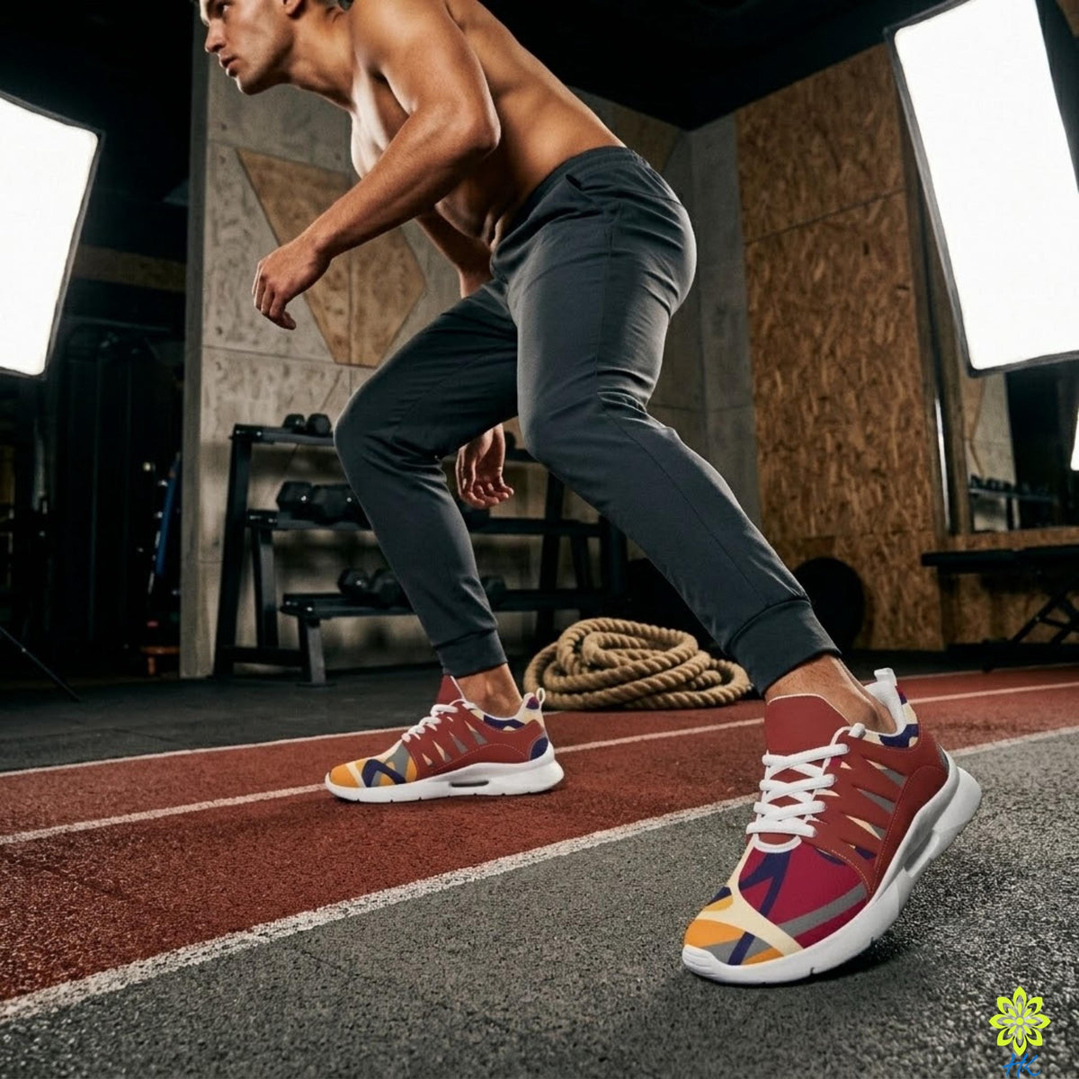 A shirtless man in athletic clothing is running on a track, wearing colorful running shoes.
