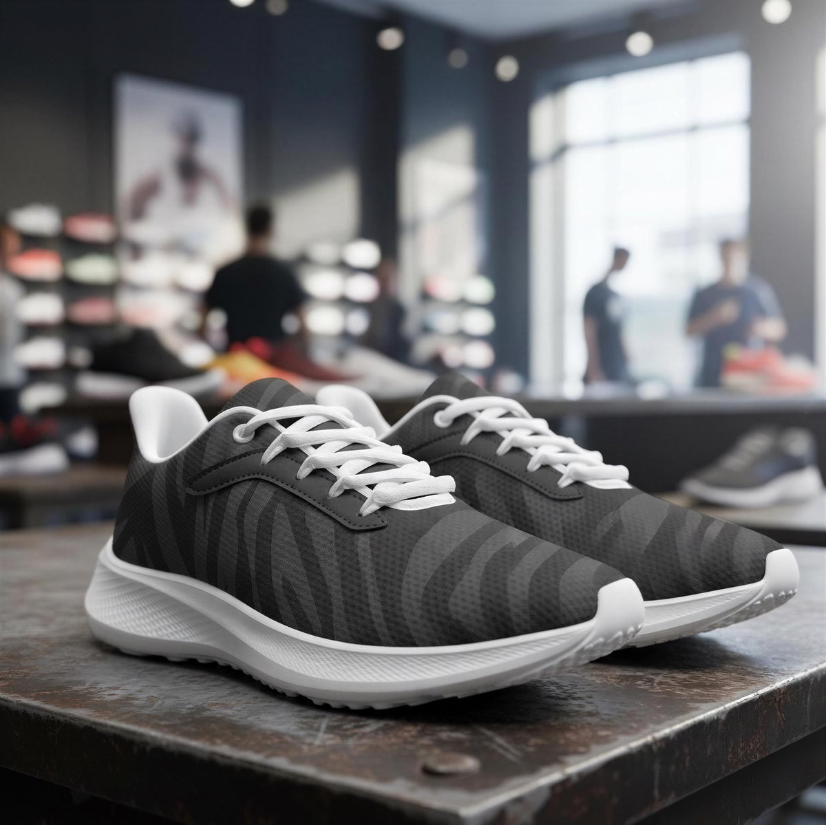A pair of gray and white sneakers with a zebra print pattern, displayed on a table in a store.