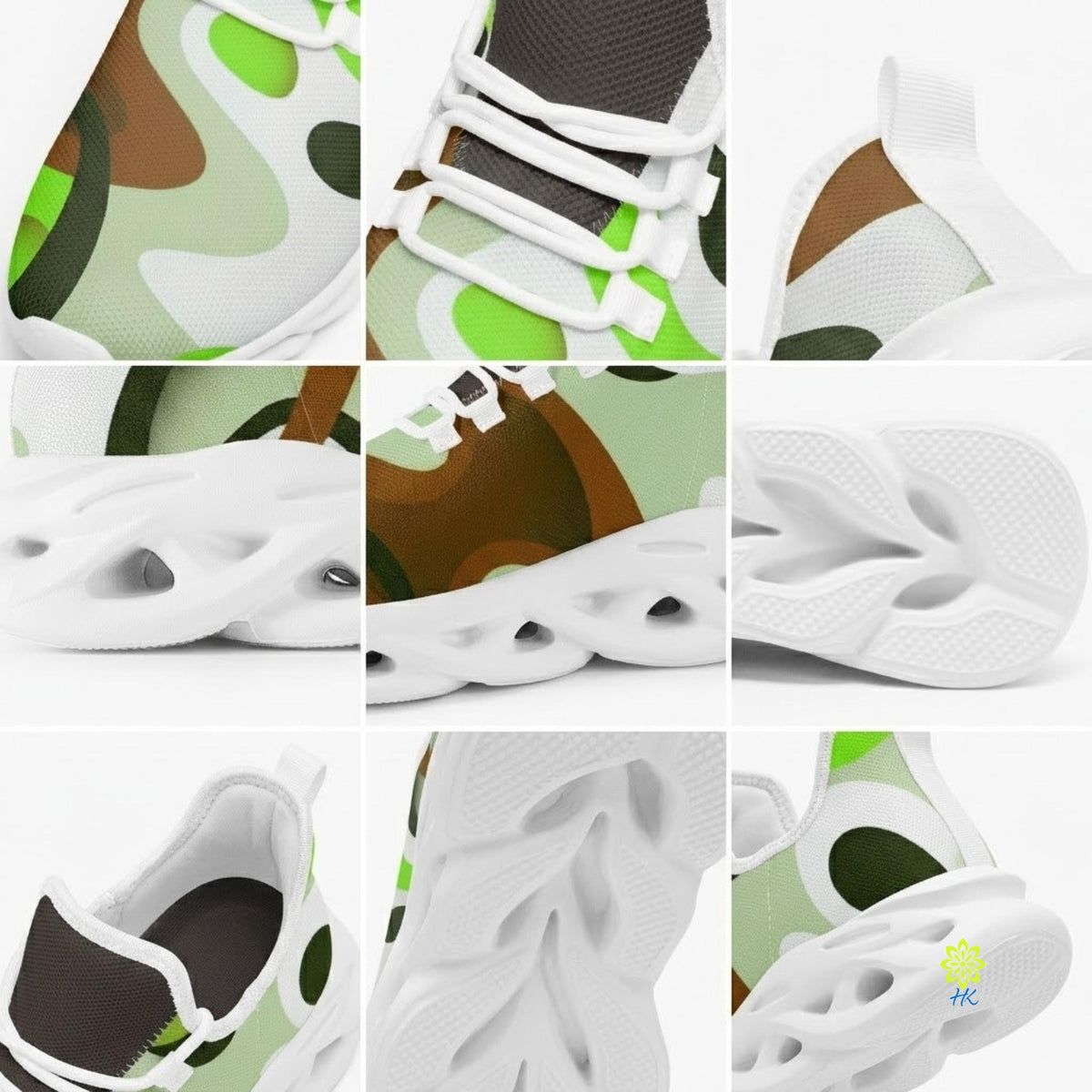 The image is a collage of various close-up views of a pair of white sneakers with a camouflage pattern.