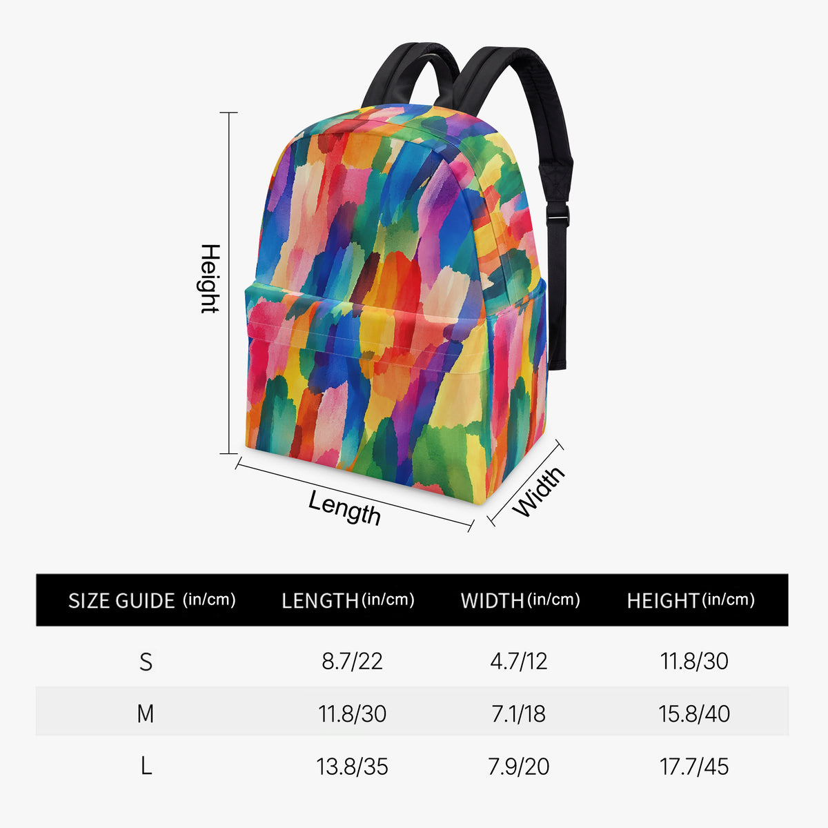 Size guide table listing backpack length, width and height in inches and centimeters