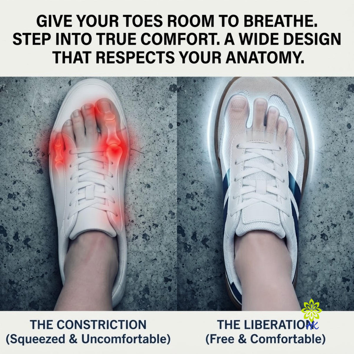 A side-by-side comparison graphic showing a person's foot and lower leg wearing a white athletic shoe. The left panel is labeled 'The Constriction' and shows red pain highlights over the toes with the text 'Squeezed & Uncomfortable.