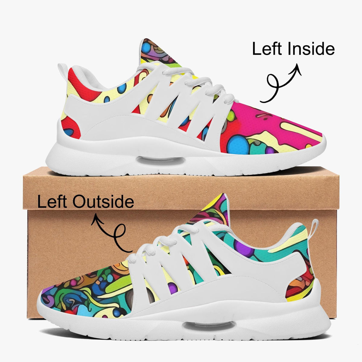 a pair of colorful, abstract-patterned sneakers with a box underneath them, labeled with arrows indicating the left side and right side of the shoes.
