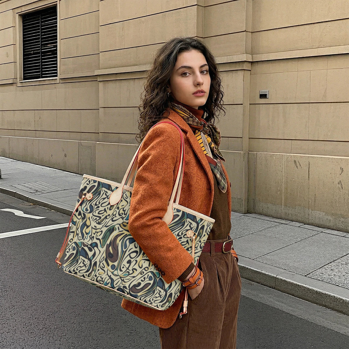 Model draagt faux leather shopper met beige afwerking over haar schouder op een stadsstraat