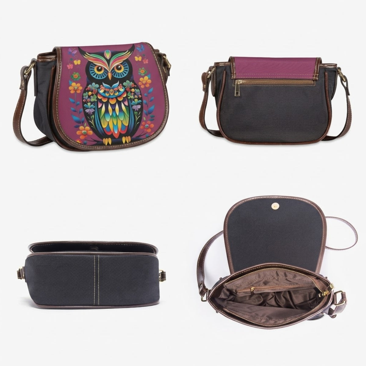 Colorful Owl Floral PU Leather & Canvas Saddle Crossbody Bag