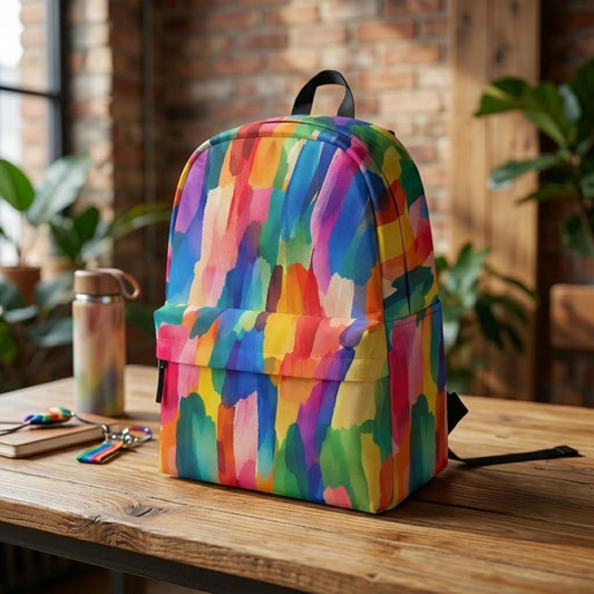 Colorful backpack with abstract brushstroke print in rainbow colors displayed on a wooden desk