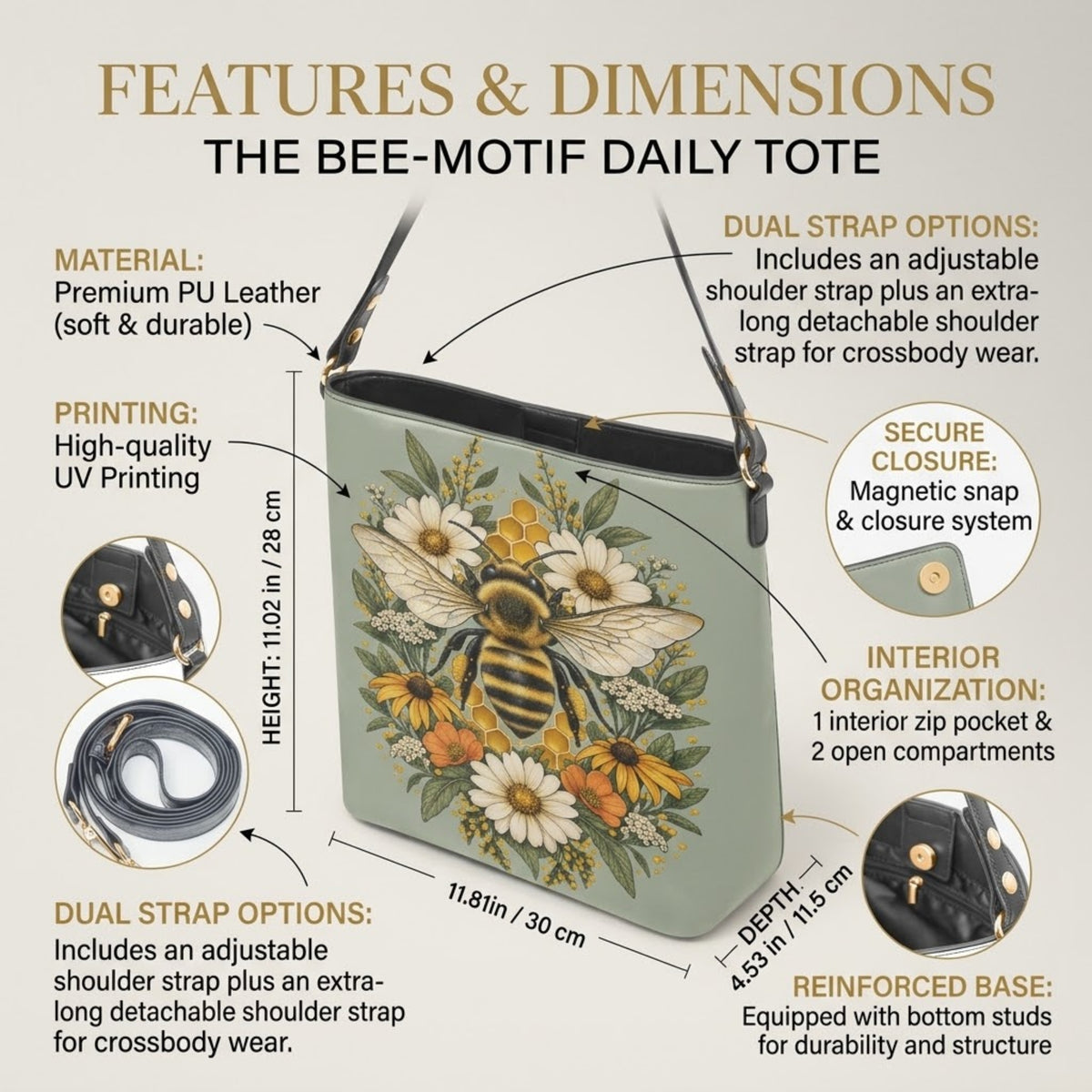 Sac porté épaule abeille avec légendes des caractéristiques : matière simili cuir, impression, bandoulières, fermeture et int