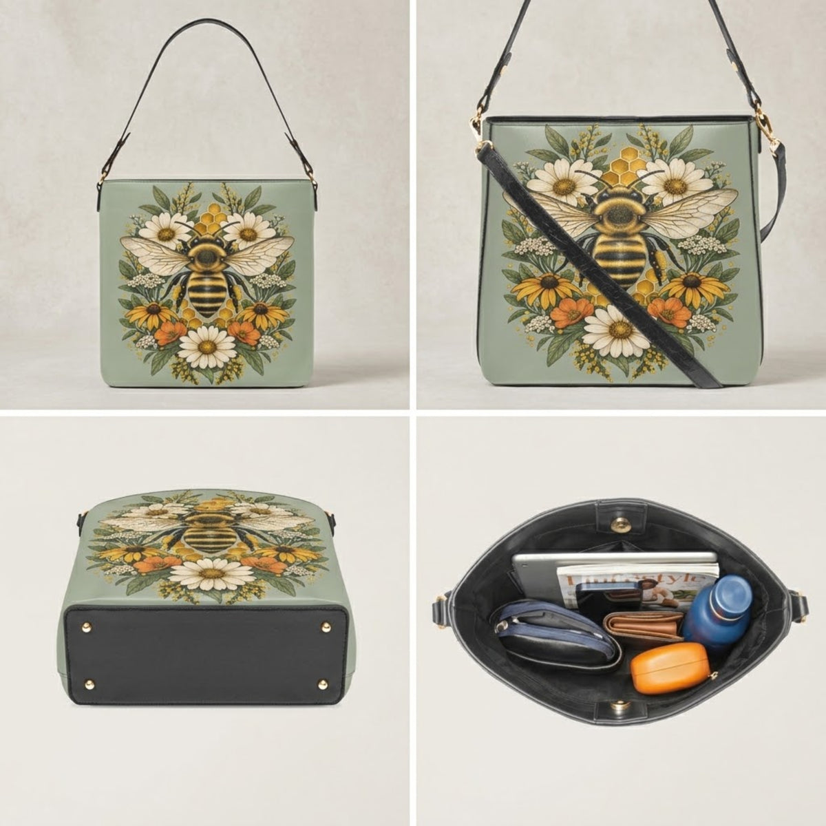 Sac seau abeille vu de face avec poignée supérieure, bandoulière, base cloutée et intérieur ouvert