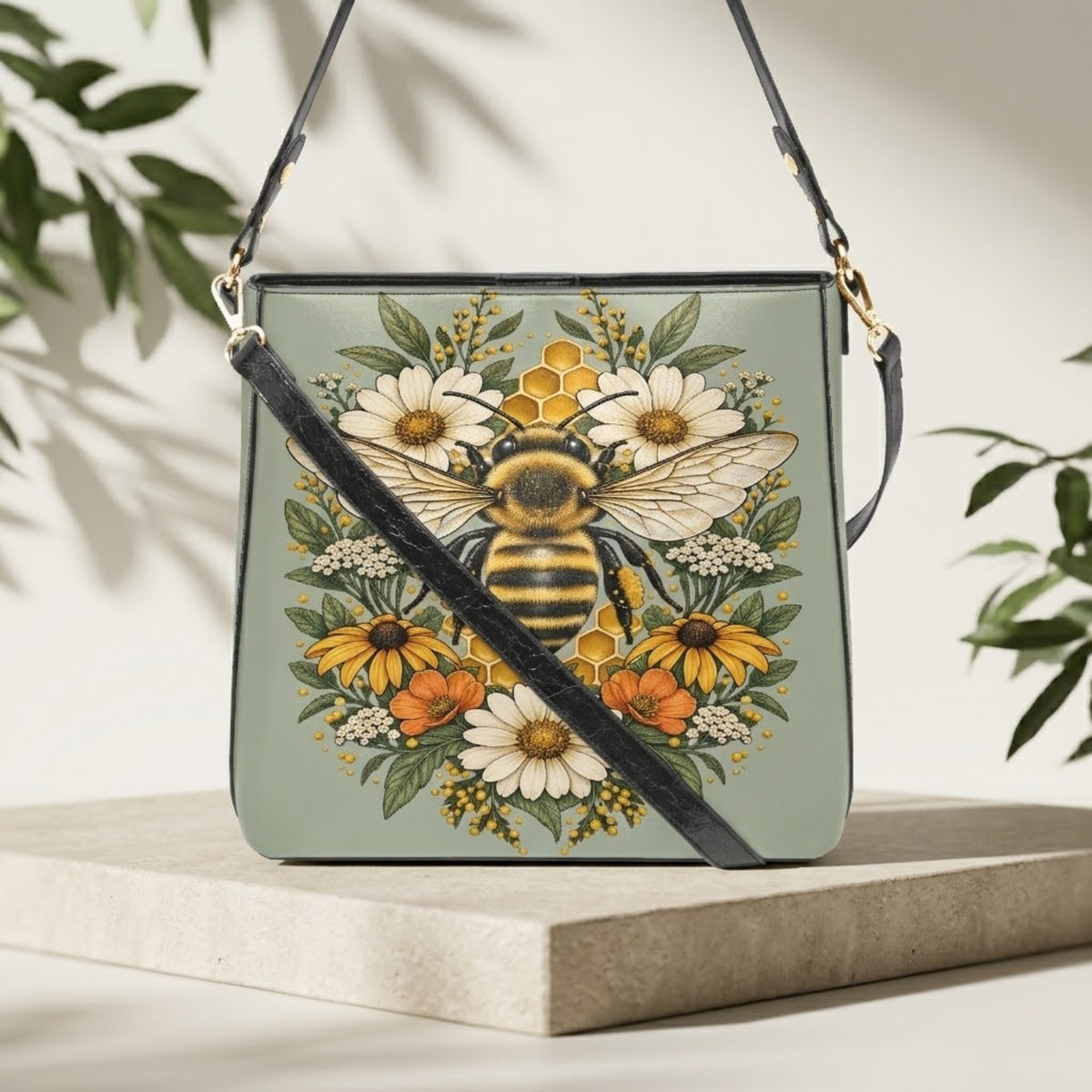 Sac porté épaule abeille à imprimé fleurs sauvages et nid d'abeille avec bandoulière, sur un présentoir en pierre