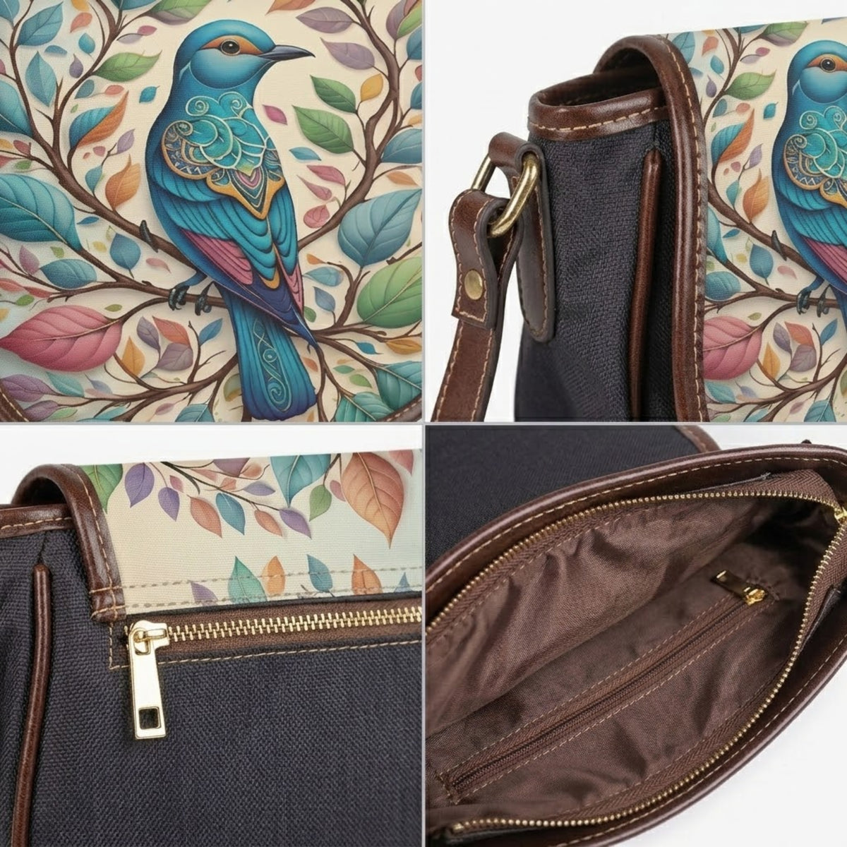 Vista frontal del bolso bandolera de lona con estampado de pájaros sobre fondo blanco
