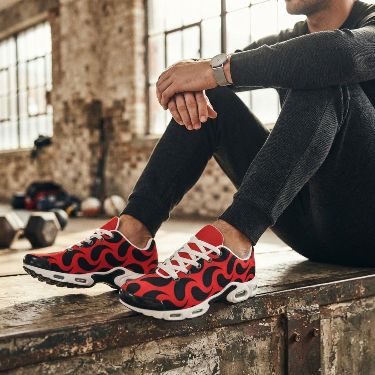 Model sitzt im Fitnessstudio und trägt rote Flammen-Print Mesh Sneaker