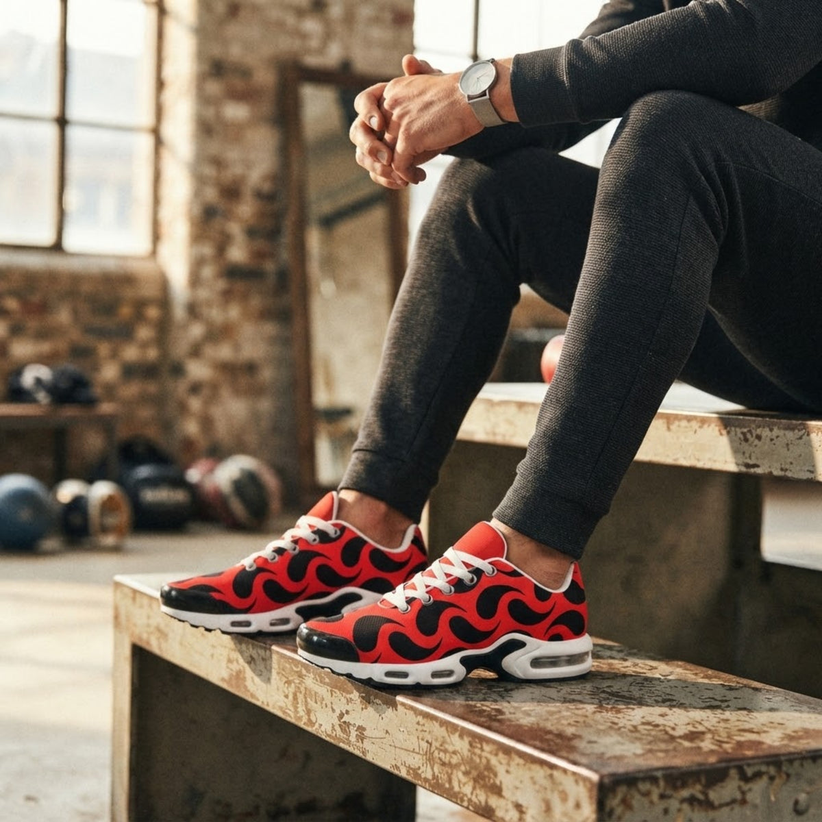 Model sitzt auf einer Fitnessbank und trägt rote Mesh Sneaker mit Flammengrafiken