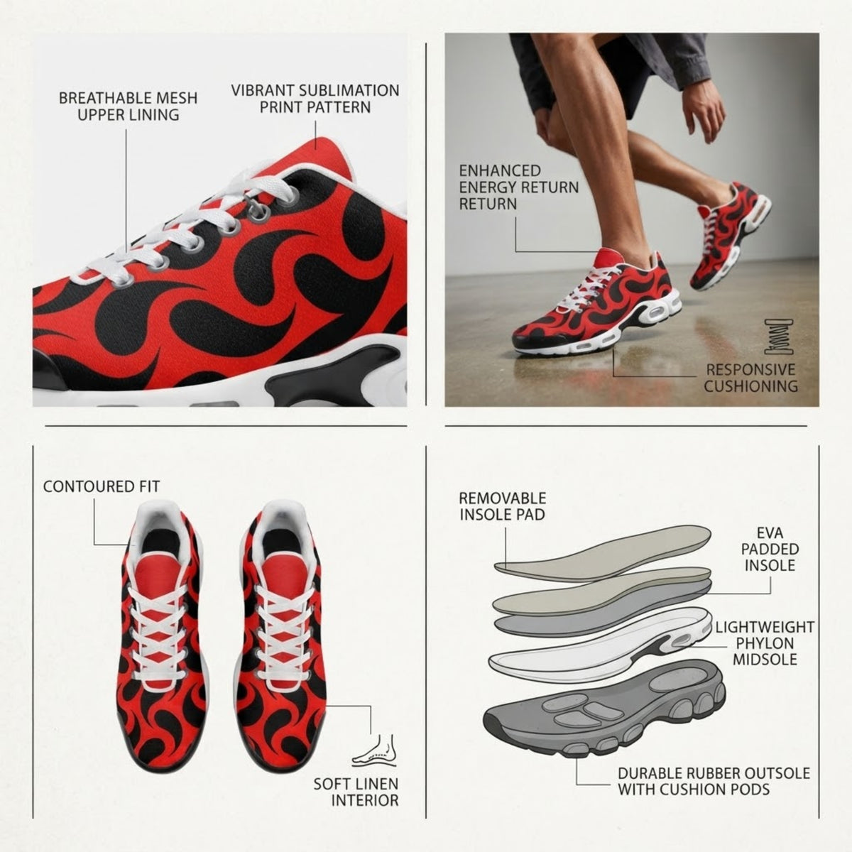 Nahaufnahme des Flammen-Print Mesh-Obermaterials und Leinen-Innenfutter roter Herren Sneaker mit Schnitt durch die Sohle, der