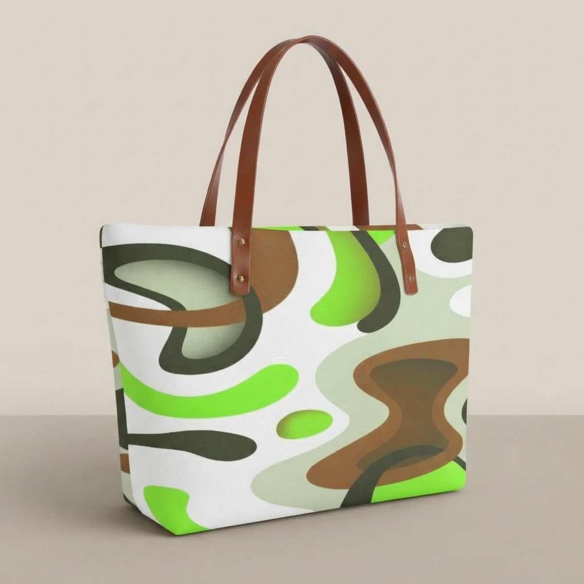 Große Reißverschluss-Tasche mit abstraktem Print, braunen Henkeln & Reißverschluss