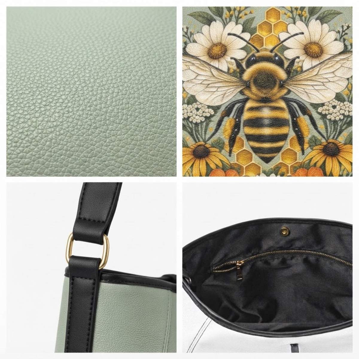 Borsa bee tote verde salvia e pochette con annotazioni delle dimensioni