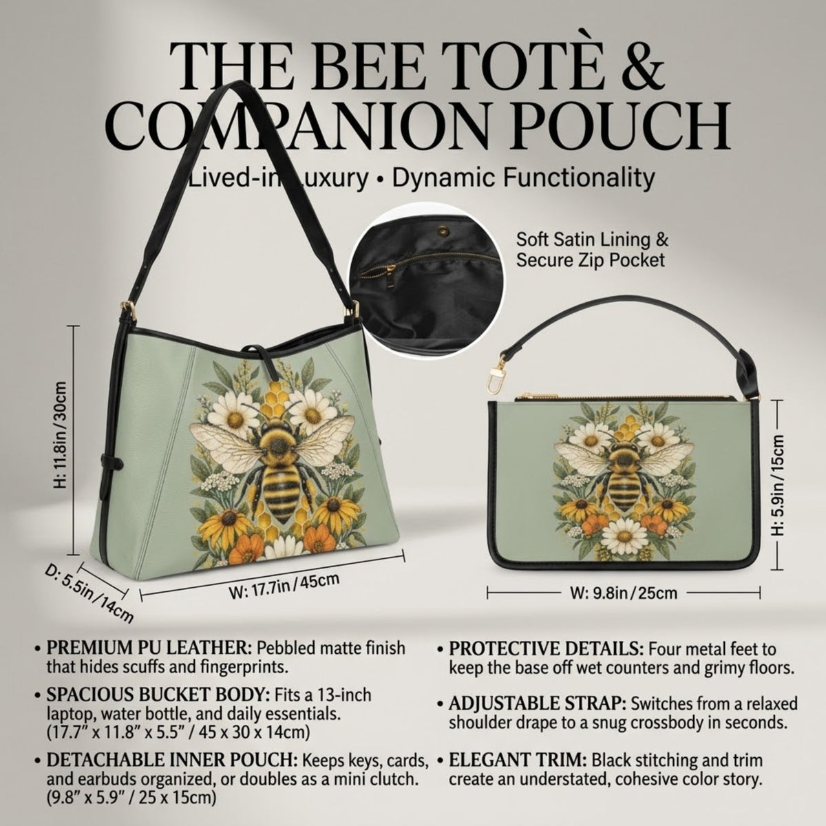 Infografica della borsa bee tote verde salvia con dimensioni ed elenco delle caratteristiche