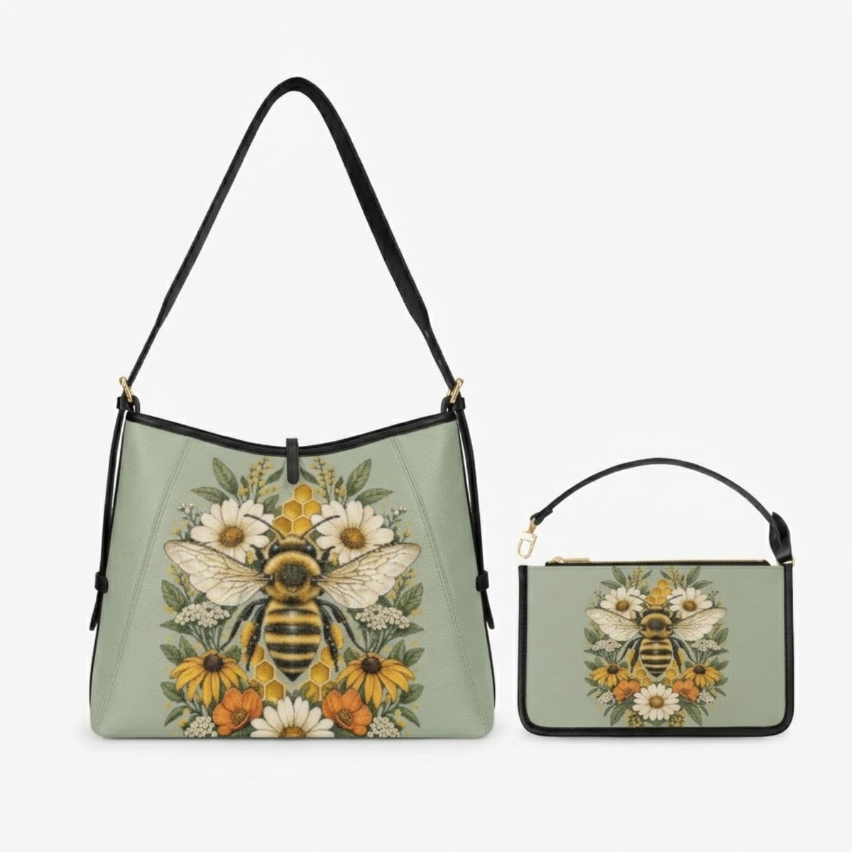 Borsa bee tote verde salvia e pochette abbinata affiancate su sfondo bianco