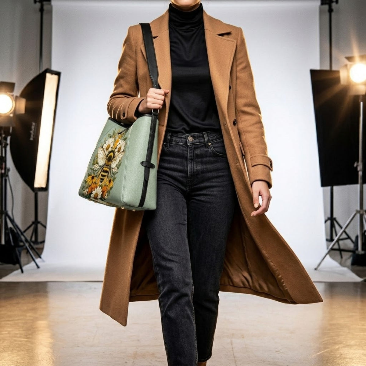 Modella con la borsa bee tote verde salvia a spalla in uno studio fotografico