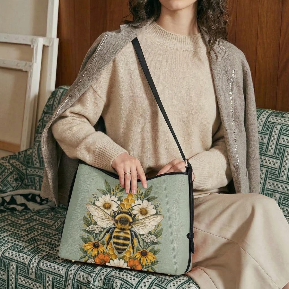 Vista posteriore di una modella con la borsa tote verde salvia a spalla
