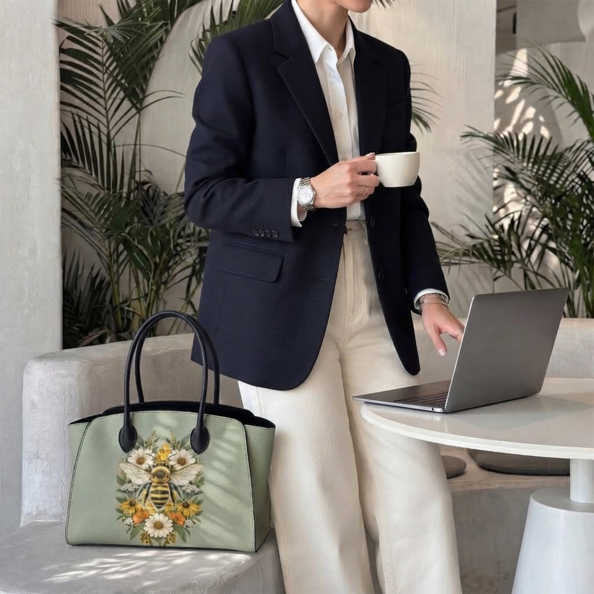 Donna in blazer con un laptop e un caffè, con una borsa tote floreale verde salvia su una panchina