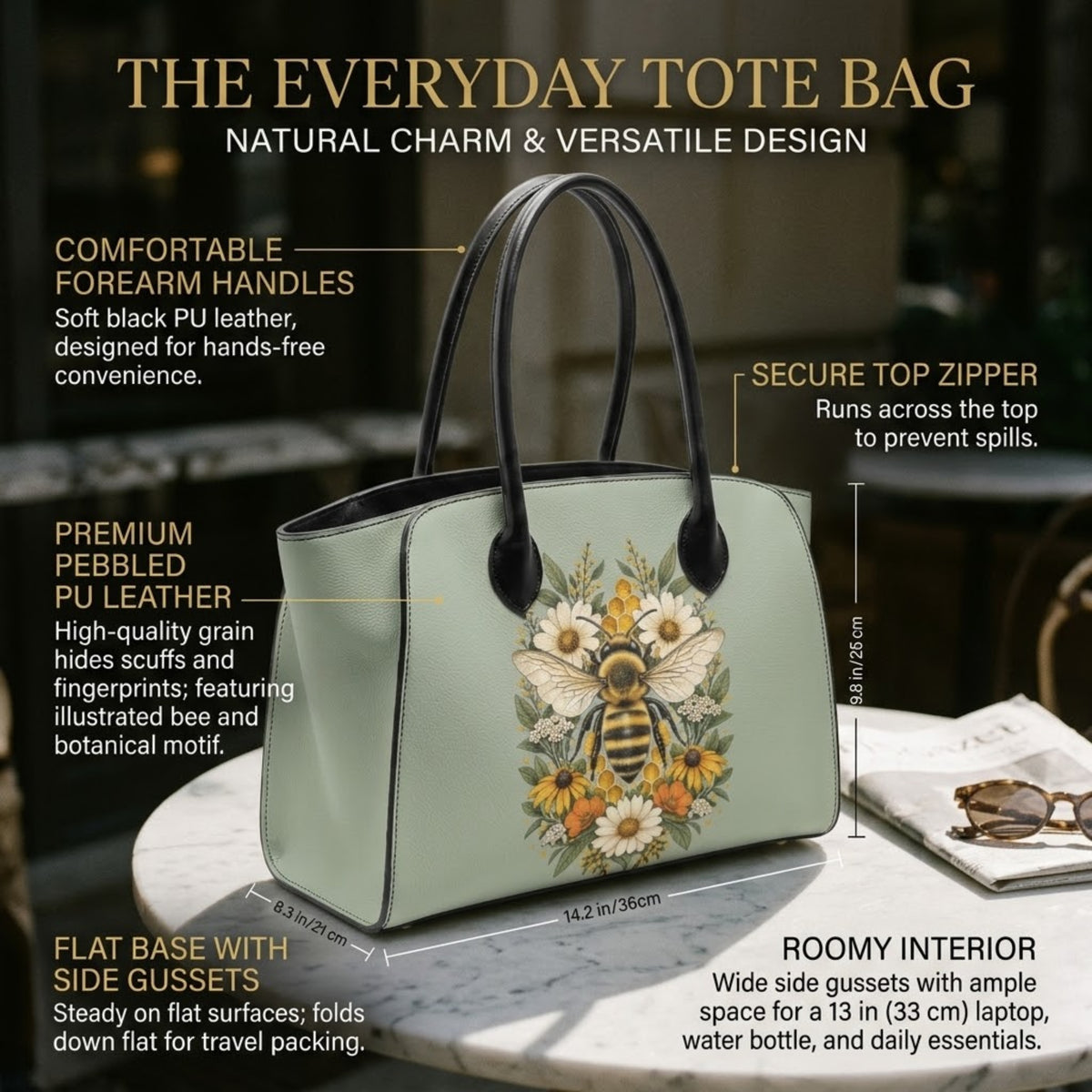 Infografica di una borsa tote floreale in pelle ecologica che mostra i manici da avambraccio, la zip superiore, le dimensioni