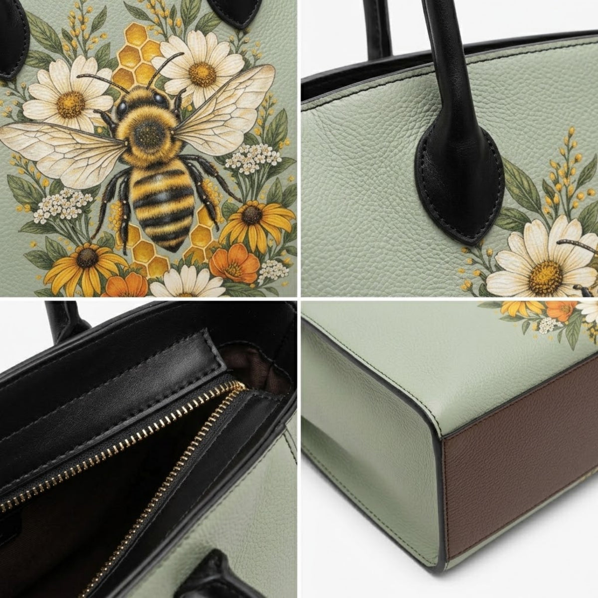 Collage ravvicinato di illustrazioni di api e fiori, dettaglio dei manici, zip interna e base della borsa tote