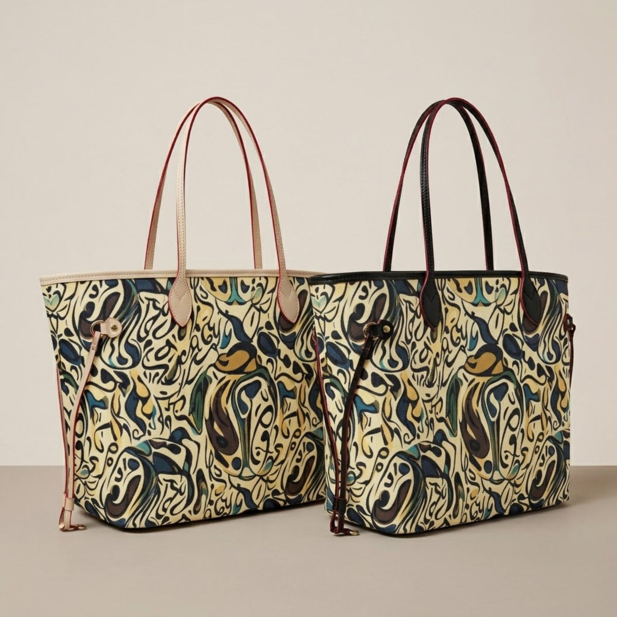 Faux leather shopper met abstracte swirl print in beige en zwarte afwerking, naast elkaar getoond op een beige achtergrond
