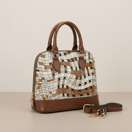 Plaid handbag dome satchel front three-quarter view with detachable strap laid out on neutral background