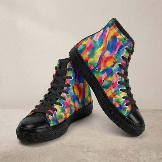 High top sneakers with abstract brushstroke print in bright colors, front three-quarter view on beige background