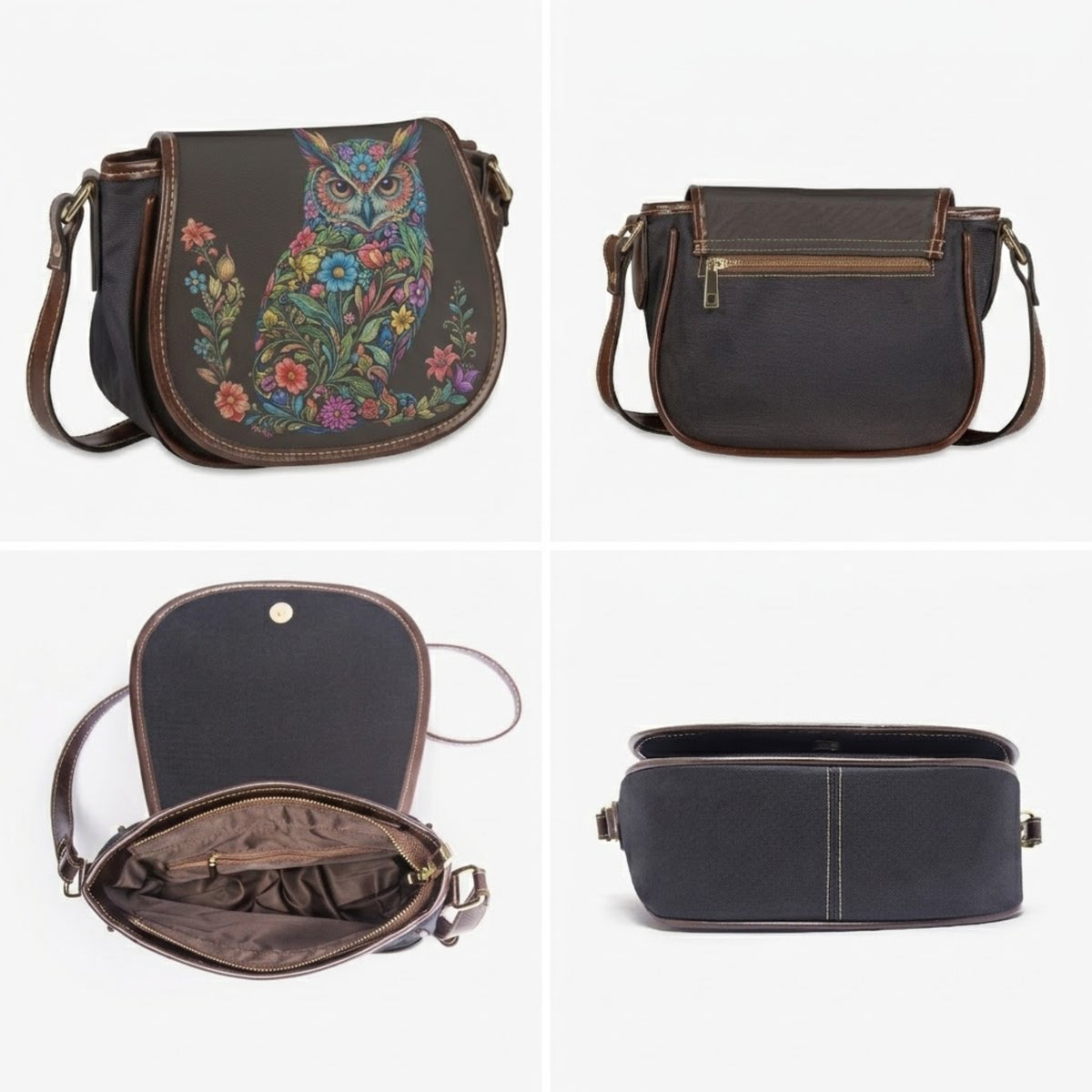 前面、背面、開いた内部、側面を示す4方向のキャンバス製ショルダーバッグ