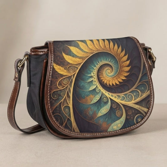Printed saddle bag front view on a neutral background